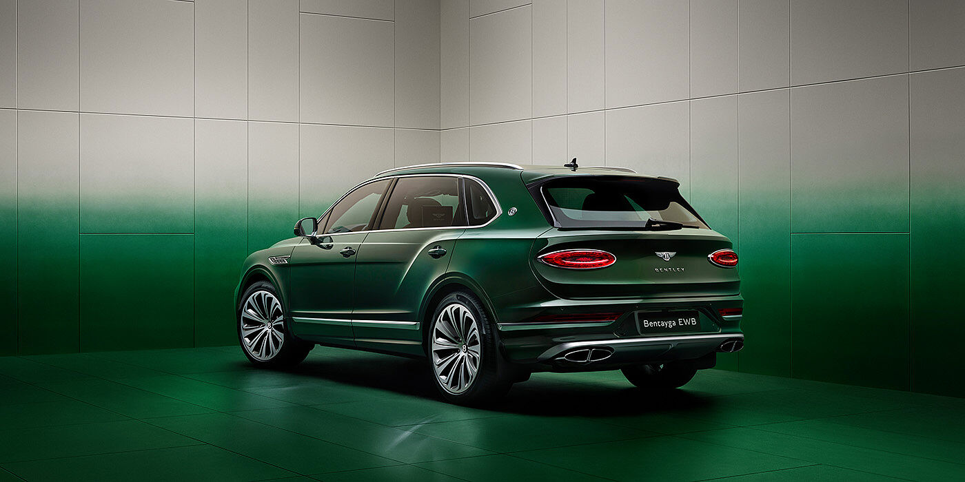 JCT600 Service Teeside Bentley Bentayga Extended Wheelbase SUV Rear three quarter view in Light Emerald green paint in green and grey room