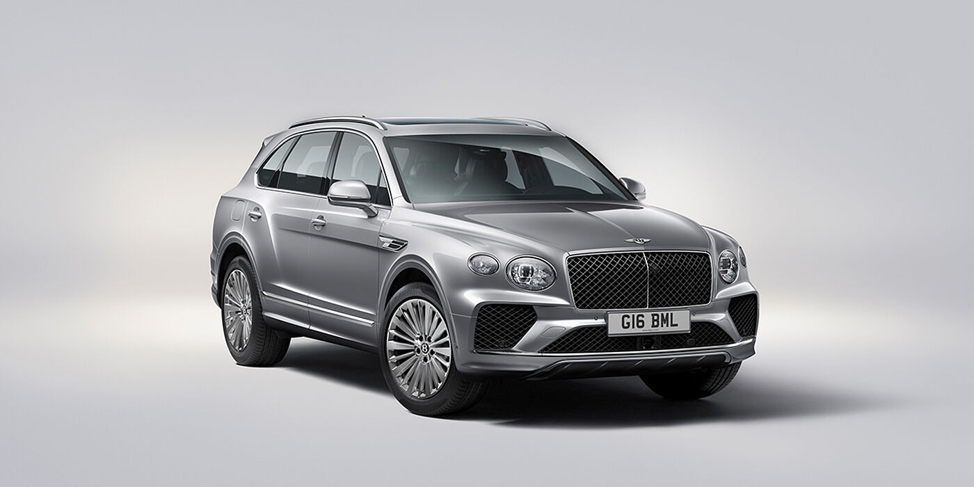 JCT600 Service Teeside Bentley Bentayga luxury SUV front three quarter view in Moonbeam paint with matrix grille and 21″ 5 spoke painted wheels