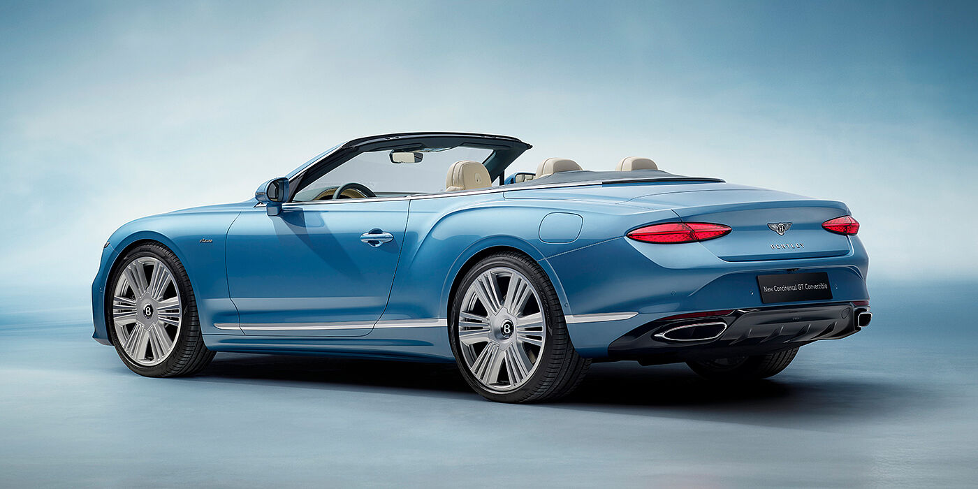 JCT600 Service Teeside New Bentley Continental GTC Azure convertible rear view in Light Windsor blue paint with 22 inch ten spoke wheels and chrome exterior details