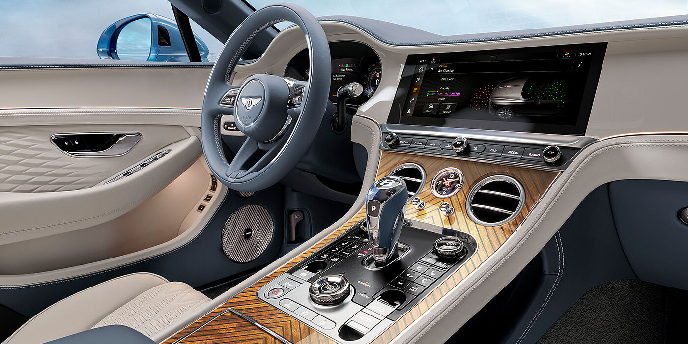 JCT600 Service Teeside New Bentley Continental GTC Azure convertible interior front cabin view with Linen and Brunel hides and Piano Linen by Mulliner veneer featuring centre console and centre MMI screen