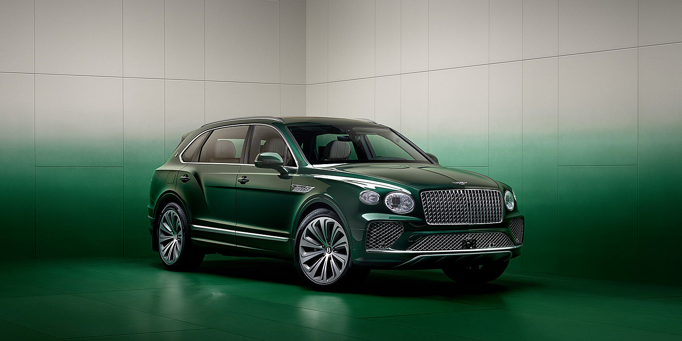 JCT600 Service Teeside Bentley Bentayga Extended Wheelbase SUV in Light Emerald green paint front three quarter in green grey room