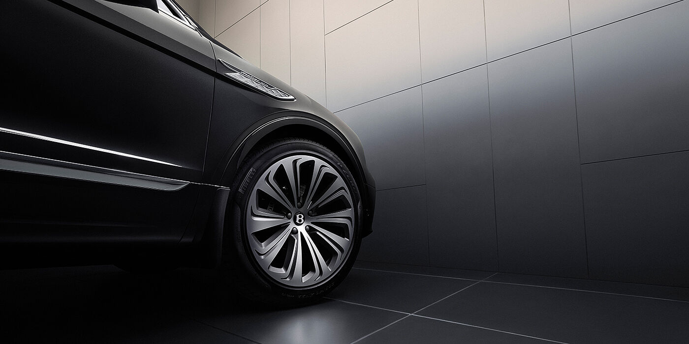 JCT600 Service Teeside Bentley Bentayga Atelier Edition SUV in Onyx black paint front side detail with 22 inch 10 spoke wheel