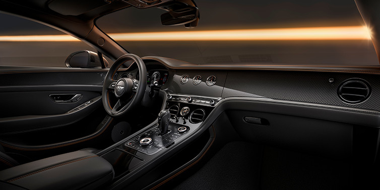 JCT600 Service Teeside Bentley Continental GT Black Edition coupe front interior with Beluga black hide and High Gloss Carbon Fibre veneer