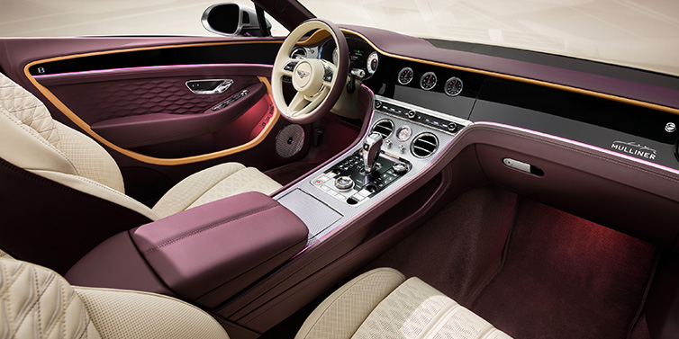 JCT600 Service Teeside Bentley Continental GTC Mulliner convertible front interior including Linen and Damson purple hides and Grand Black veneer