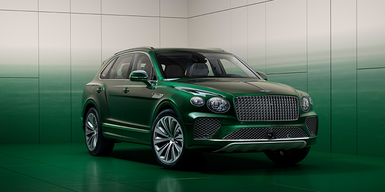 JCT600 Service Teeside Bentley Bentayga Atelier Edition SUV front three quarter in Light Emerald green paint front three quarters with green and grey floor and wall behind