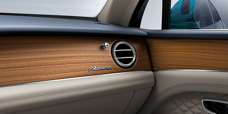 JCT600 Service Teeside Bentley Bentayga Extended Wheelbase Azure front dash showing Open Pore Koa veneer surrounded by Portland and Imperial Blue hides