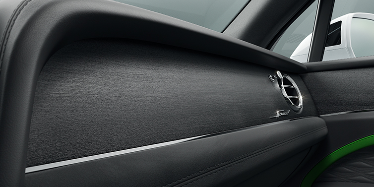 JCT600 Service Teeside Bentley Bentayga Speed SUV front dash close up in Hyper Green and Beluga black hides, with Black Stained Crown Cut Walnut veneer