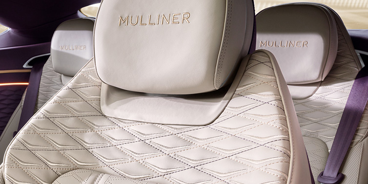 JCT600 Service Teeside Bentley Continental GT Mulliner coupe seat detail in Linen leather with Mulliner Diamond in Diamond quilting and Mulliner embroidered seat emblem